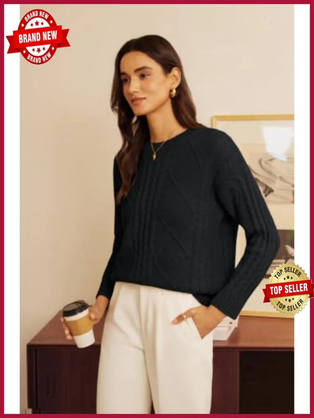 Women's Oversized Crew Neck Cable Knit Sweater - Soft Chunky Pullover, Fall
